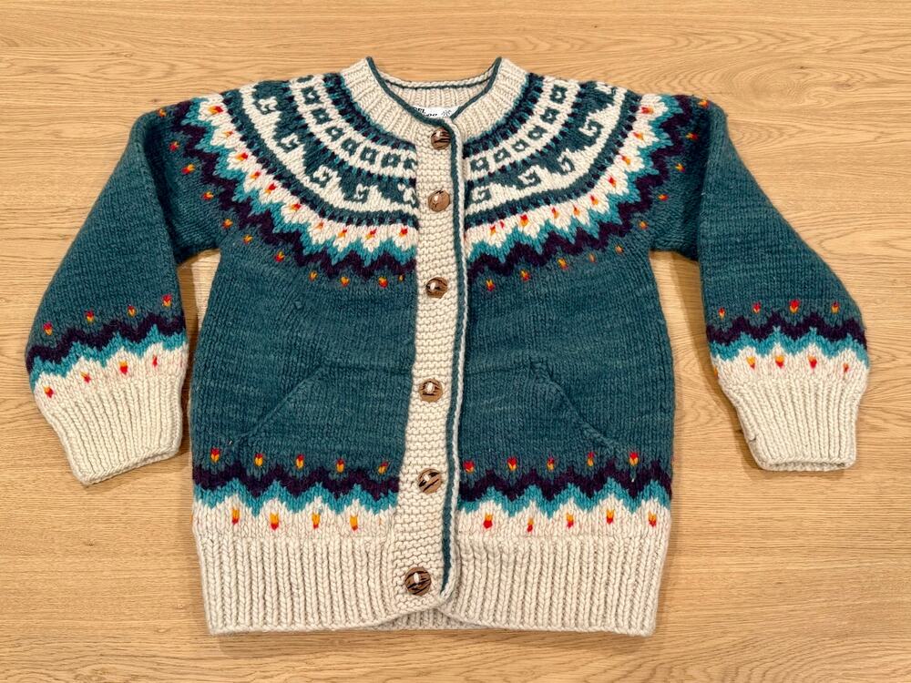 Del Mundo Hand Knit 100% Wool Cardigan Fair Isle Ecuador Teal Nordic Sweater